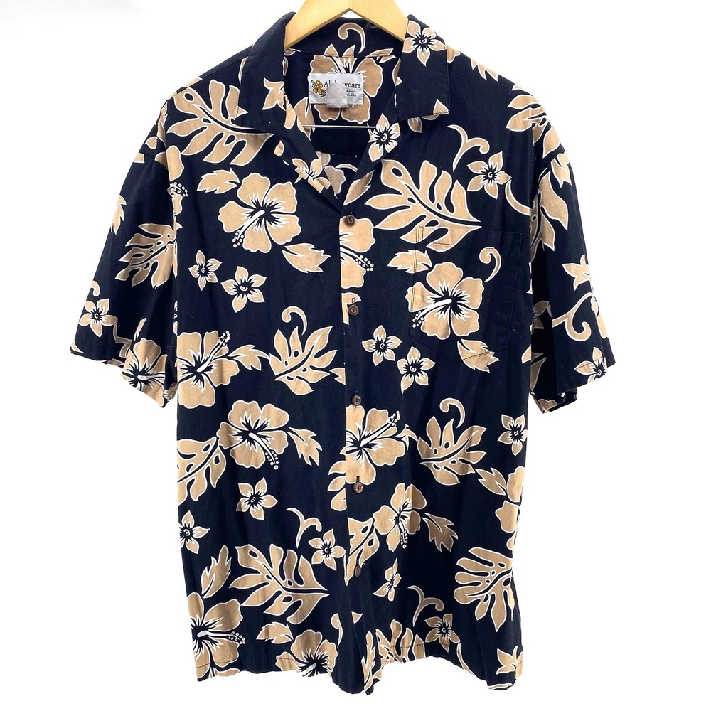 Alohawears Mens XL Hawaiian Shirt Black Tan Floral Print Short Sleeve USA Made - Picture 3 of 4